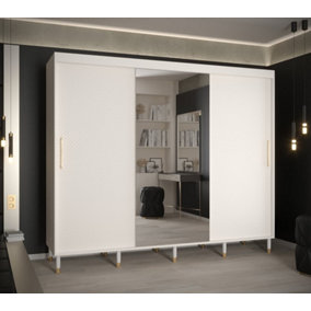 Monaco II Contemporary Mirrored 3 Sliding Door Wardrobe Gold Handles 9 Shelves 2 Rails White (H)2080mm (W)2500mm (D)620mm