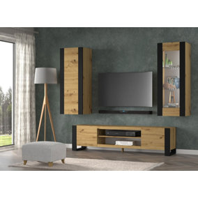 Mondi B Living Room Entertainment Unit Furniture Set H1720mm W1880mm D400mm - Modern Industrial Oak Artisan Finish