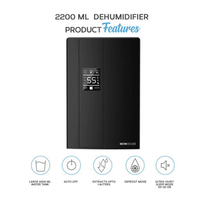 MONHOUSE Premium Dehumidifier - 2200ML, Remote Control, Sleep & Defrost Mode, LED Display, Quiet Electric Damp Absorber - Black