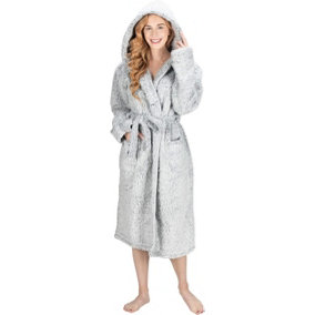Monhouse Womens Dressing Gown - Long Bathrobe - Ladies Flannel Luxury Housecoat - Fluffy Spa Robe - Dark Grey Shearling - UK 20-22
