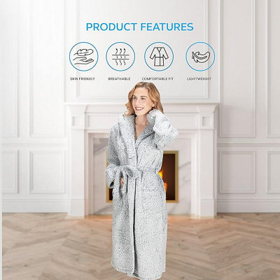 Monhouse Womens Dressing Gown - Long Bathrobe - Ladies Flannel Luxury  Housecoat - Fluffy Spa Robe - Dark Grey Shearling -