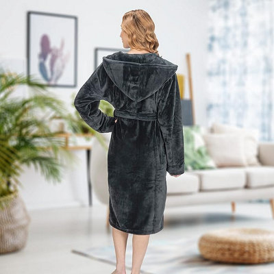 Monhouse Womens Dressing Gown Soft Cosy Long Bathrobe Ladies Flannel Luxury Housecoat Fluffy Spa Robe Black UK 12 14 DIY at B Q