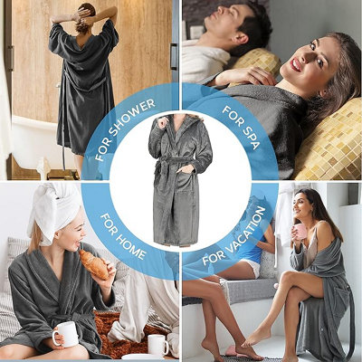 MONHOUSE WOMENS DRESSING GOWN - SOFT & COSY LONG BATHROBE - LADIES FLANNEL LUXURY  HOUSECOAT - FLUFFY SPA ROBE - DARK GREY UK 12-14