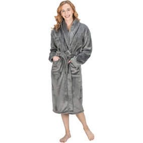 Monhouse Womens Dressing Gown - Soft & Cosy Long Bathrobe - Ladies Flannel Luxury Housecoat - Fluffy Spa Robe - Dark Grey UK 12-14
