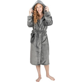 Monhouse Womens Dressing Gown - Soft & Cosy Long Bathrobe - Ladies Flannel Luxury Housecoat - Fluffy Spa Robe - Dark Grey UK 16-18