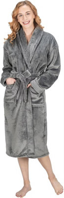 MONHOUSE Womens Dressing Gown - Soft & Cosy Long Bathrobe - Ladies Flannel Luxury Housecoat - Fluffy Spa Robe - Dark Grey UK 16-18