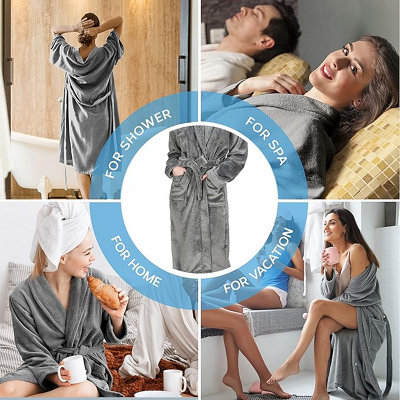 Monhouse Womens Dressing Gown - Soft & Cosy Long Bathrobe - Ladies Flannel Luxury Housecoat - Fluffy Spa Robe - Dark Grey UK 8-10