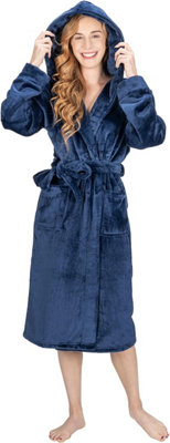 Monhouse Womens Dressing Gown - Soft & Cosy Long Bathrobe - Ladies Flannel Luxury Housecoat - Fluffy Spa Robe - Navy - UK 12-14