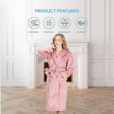 Monhouse Womens Dressing Gown - Soft & Cosy Long Bathrobe - Ladies Flannel Luxury Housecoat - Fluffy Spa Robe -  Pink - UK 16-18