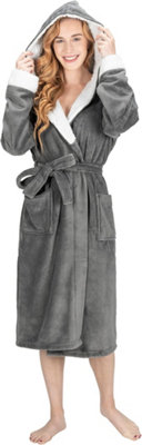 Monhouse Womens Dressing Gown - Soft & Cosy Long Bathrobe - Ladies Flannel Luxury Housecoat - Spa Robe - Dark Grey Sherpa UK 12-14