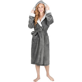 Monhouse Womens Dressing Gown - Soft & Cosy Long Bathrobe - Ladies Flannel Luxury Housecoat - Spa Robe - Dark Grey Sherpa UK 12-14