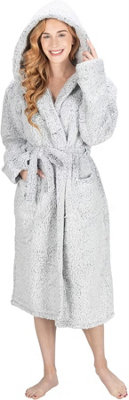 Monhouse Womens Dressing Gown - Soft Long Bathrobe - Ladies Flannel Luxury Housecoat - Fluffy Spa Robe - Grey Shearling - UK 12-14