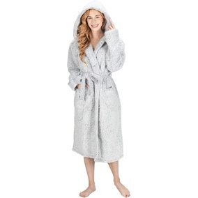 Monhouse Womens Dressing Gown - Soft Long Bathrobe - Ladies Flannel Luxury Housecoat - Fluffy Spa Robe - Grey Shearling - UK 12-14