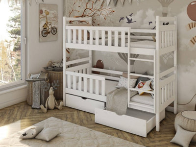 Monika Contemporary Solid Pine Bunk Bed with 2 Storage Drawers in White (L)1980mm (H)1710mm (W)980mm