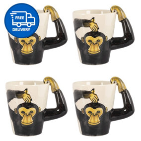 Monkey Mugs Set Coffee & Tea Cup Pack of 4 by Laeto House & Home - INCLUDING FREE DELIVERY