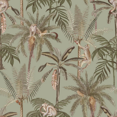 Monkey Oasis Wallpaper Sage Green Holden 13701