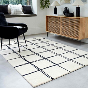 Monochrome Chequered Wool Modern Shaggy Handmade Rug For Living Room Bedroom & Dining Room-120cm X 170cm