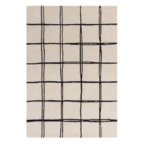 Monochrome Chequered Wool Modern Shaggy Handmade Rug For Living Room Bedroom & Dining Room-200cm X 290 cm