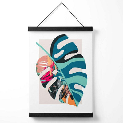 Monstera Blue and Pink Boho Botanical Medium Poster with Black Hanger