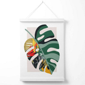 Monstera Green and Red Minamilist Poster with Hanger / 33cm / White