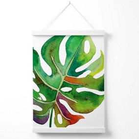 Monstera Leaf Abstract Watercolour Botanical Poster with Hanger / 33cm / White