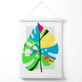 Monstera Leaf Blue and Green Abstract Minimalist Poster with Hanger / 33cm / White