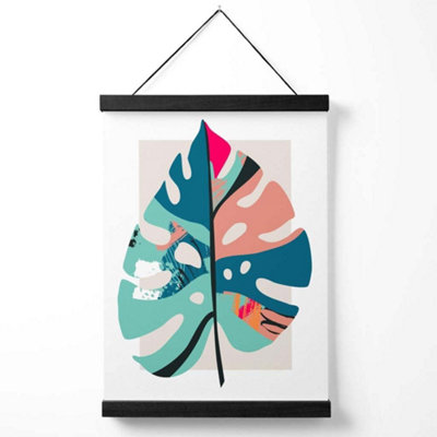 Monstera Leaf Blue and Pink Boho Botanical Medium Poster with Black Hanger