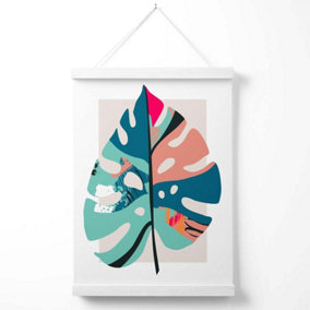 Monstera Leaf Blue and Pink Boho Botanical Poster with Hanger / 33cm / White