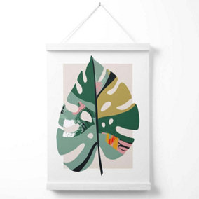 Monstera Leaf Green and Red Minamilist Poster with Hanger / 33cm / White