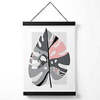 Monstera Leaf Grey and Pink Boho Botanical Medium Poster with Black Hanger