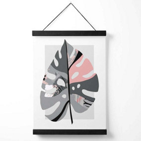 Monstera Leaf Grey and Pink Boho Botanical Medium Poster with Black Hanger
