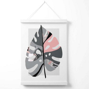 Monstera Leaf Grey and Pink Boho Botanical Poster with Hanger / 33cm / White