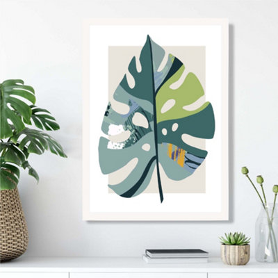 MONSTERA LEAF TEAL AND GREEN MID CENTURY MODERN FRAMED PRINT SIZE: A3 WITH  WHITE FRAME
