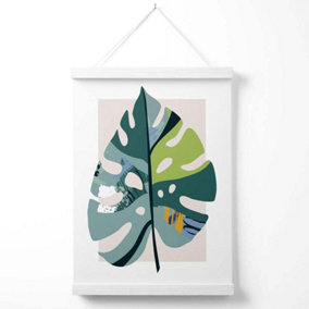 Monstera Leaf Teal and Green Mid Century Modern  Poster with Hanger / 33cm / White