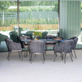 Monterrey 6 Seat Oval Dining Set with Thin Rope Weave and Ceramic Table in Grey