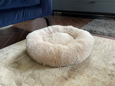 Montys Luxury Beige Super Soft Small Pet Dog Puppy Cat Kitten Luxury Calming Fluffy Bed Donut Washable