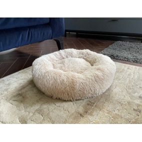Montys Luxury Beige Super Soft Small Pet Dog Puppy Cat Kitten Luxury Calming Fluffy Bed Donut Washable
