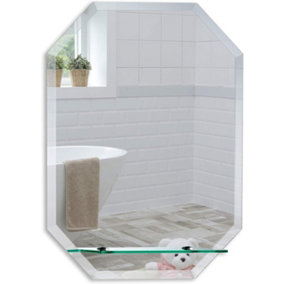 Mood Premium Octagonal Bathroom Mirror with Shelf, Wall Mounted, Frameless, Bevelled Edges (60cm x 45cm)