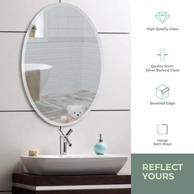 Mood Premium Oval Bathroom Mirror Wall Mounted, Frameless, Bevelled Edges (70cm x 50cm)
