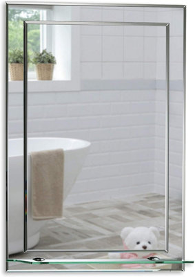 Mood Premium Rectangular Bathroom Mirror with Shelf, Wall Mounted & Double Layer of Glass, Bevelled Edges (60cm x 43cm)