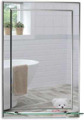 Mood Premium Rectangular Bathroom Mirror with Shelf, Wall Mounted & Double Layer of Glass, Bevelled Edges (70cm x 50cm)