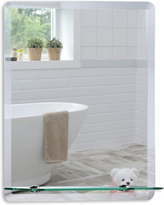 Mood Premium Rectangular Bathroom Mirror with Shelf, Wall Mounted, Frameless, Bevelled Edges (50cm x 40cm)