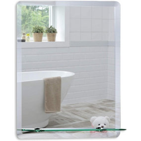 Mood Premium Rectangular Bathroom Mirror with Shelf, Wall Mounted, Frameless, Bevelled Edges (60cm x 45cm)