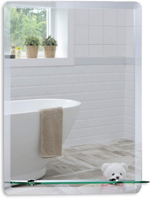 Mood Premium Rectangular Bathroom Mirror with Shelf, Wall Mounted, Frameless, Bevelled Edges (70cm x 50cm)