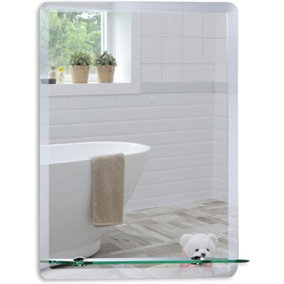 Mood Premium Rectangular Bathroom Mirror with Shelf, Wall Mounted, Frameless, Bevelled Edges (70cm x 50cm)