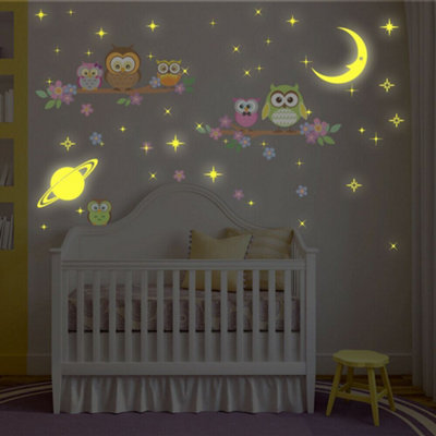 Moon and Glow-in-the-Dark Stars Owl Flower Tree Wall Stickers - Glow ...