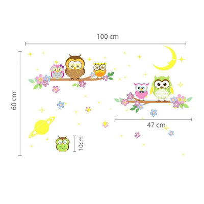 Moon and Glow-in-the-Dark Stars Owl Flower Tree Wall Stickers - Glow ...