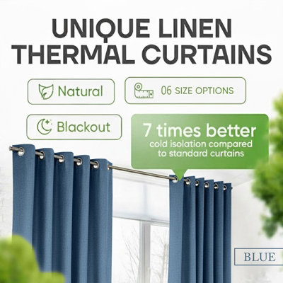 Moonlight Bedding 100%Blackout Eyelet Linen Texture Curtain Energy Efficient Door Curtain For Home Decor UK(Blue, 66''x84'')