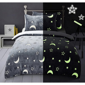 Moons & Stars Glow In The Dark Grey Kids Boys Girls Grey Reverse Soft Feel Fleece Duvet Cover Quilt Bedding Set with Pillowcases