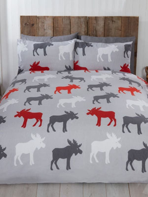 Moose Brushed 100% Cotton Double Duvet Cover Set - Grey
